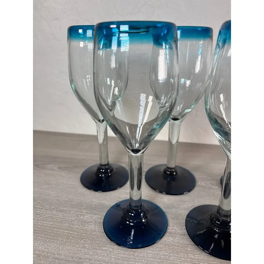 Set of 6 Hand Blown Clear w/ Light Turquoise Blue‎ Rim Tall Wine Glass 8 3/4”